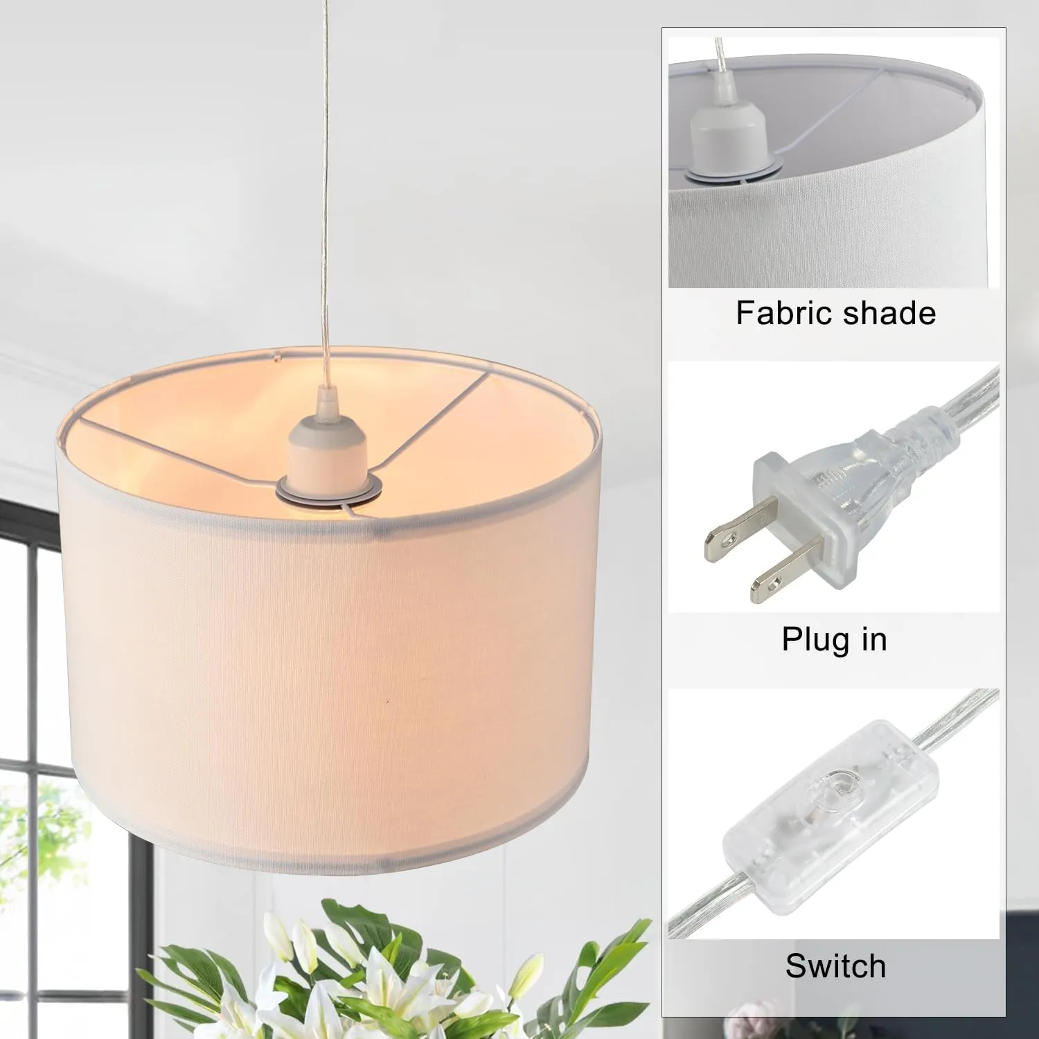 2 Pack Plug in Pendant Light, Hanging Light with 15Ft Clear Cord, On/Off Switch, White Fabric Lamp Shade, Hanging Light Fixture for Bedroom, Kitchen,