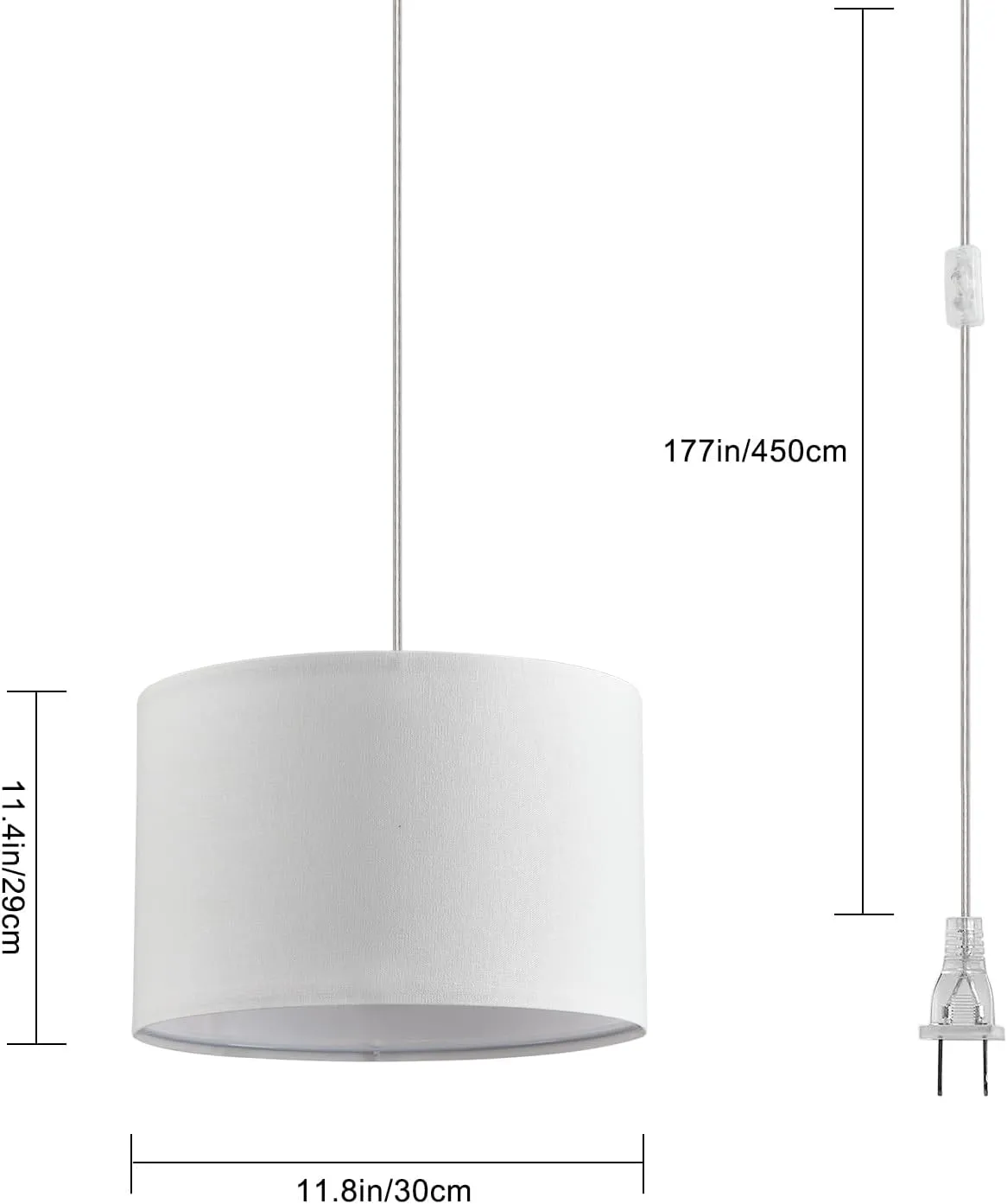 2 Pack Plug in Pendant Light, Hanging Light with 15Ft Clear Cord, On/Off Switch, White Fabric Lamp Shade, Hanging Light Fixture for Bedroom, Kitchen,