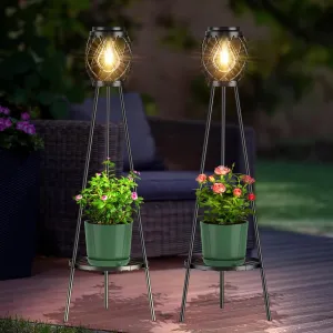 2 Pack Solar Lights Outdoor with LED Edison Bulbs, Vintage Style Solar Floor Lamp with Plant Stands, Weatherproof Garden Lights for Pathway, Patio, Yard, Porch Decor 8-10 Hours Lighting
