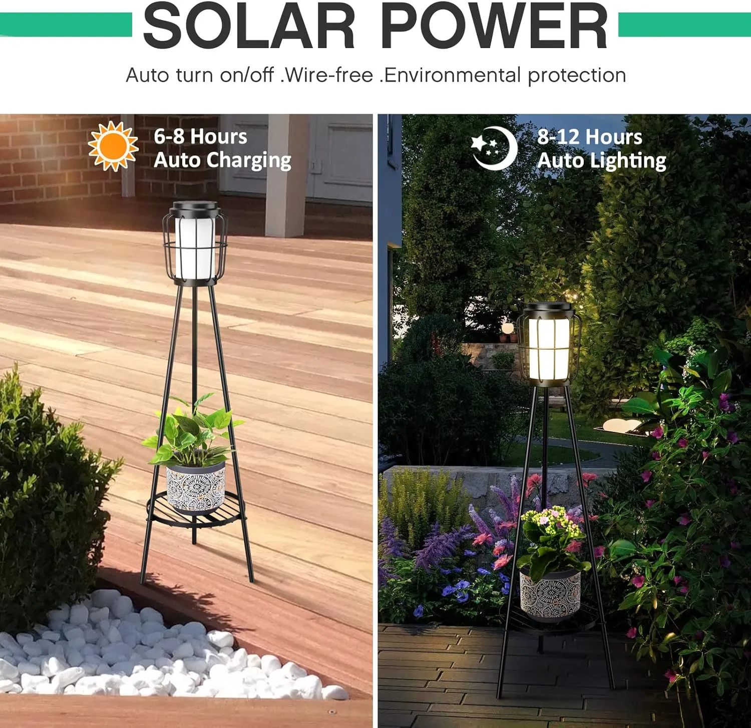 2 Pack Solar Lights Outdoor with Plant Stands - Solar Floor Lamp & Street Lights with Metal Tripod - Patio Decor for Garden, Yard, Pathway, Driveway, Porch
