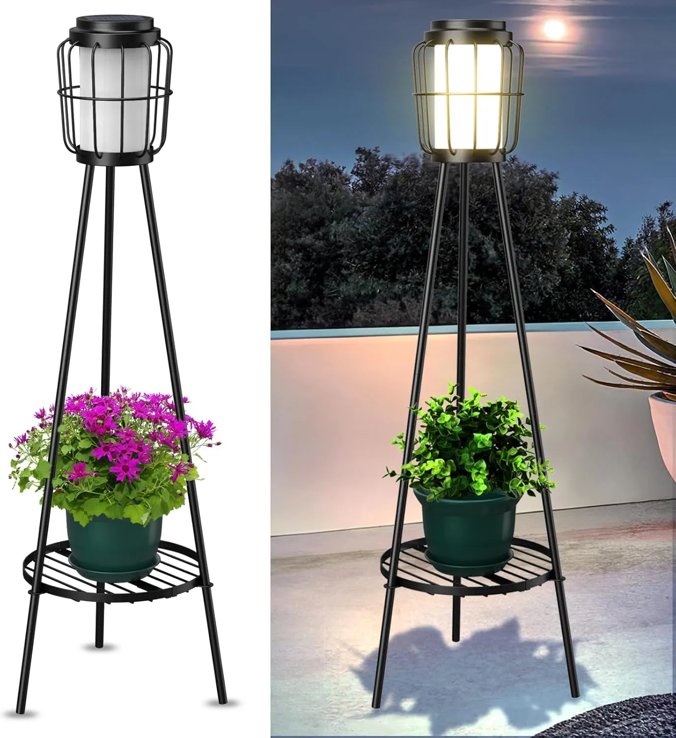2 Pack Solar Lights Outdoor with Plant Stands - Solar Floor Lamp & Street Lights with Metal Tripod - Patio Decor for Garden, Yard, Pathway, Driveway, Porch