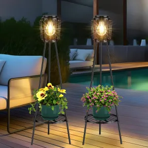2 Pack Solar Lights with Plant Stand, Outdoor Floor Lamp, Waterproof Solar LED Edison Bulb Floor Lamps for Patio Porch Deck Yard Garden Decor