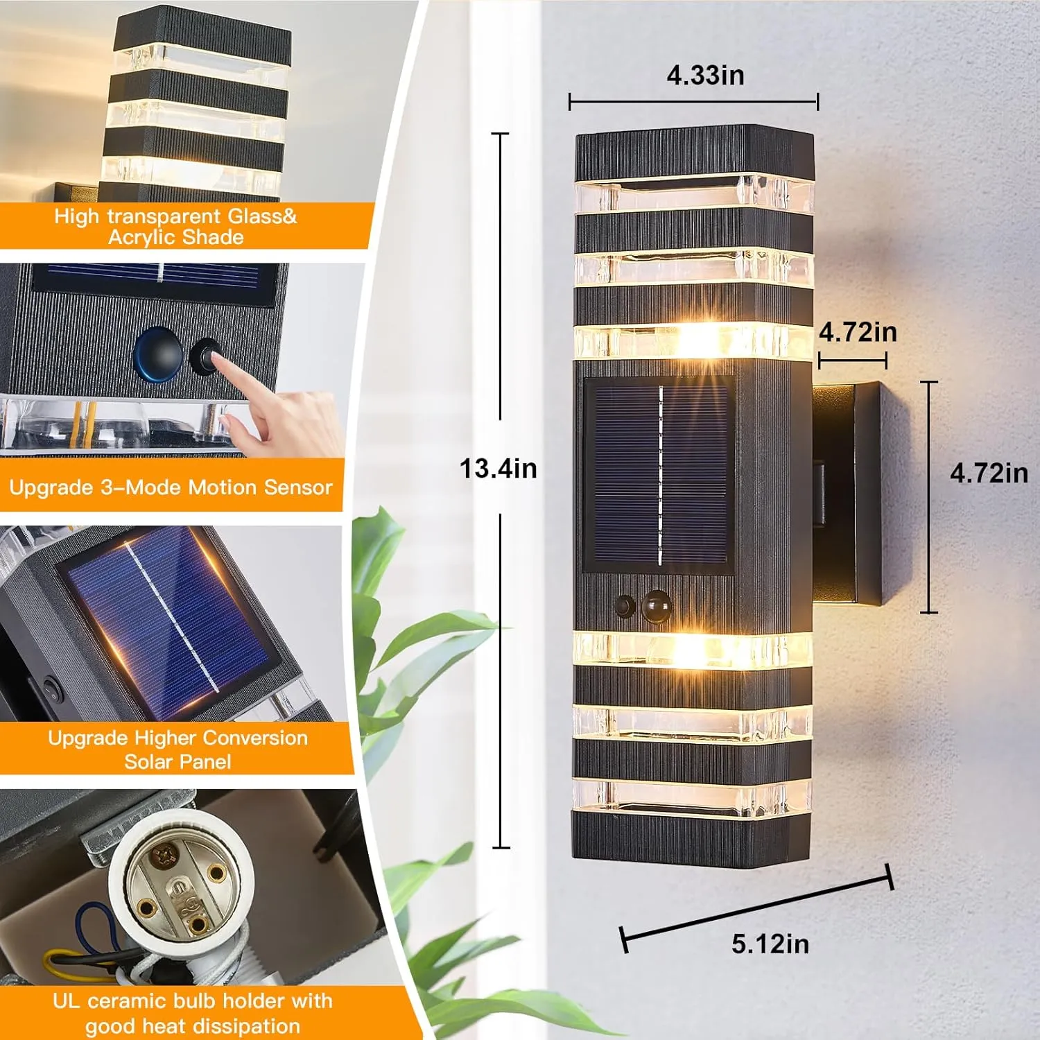 2 Pack Solar Outdoor Wall Lights with Motion Sensor 3-Mode Motion Outdoor Sconces 3000K 500LM Dusk to Dawn Solar Porch Light Fixtures Modern Up Down Exterior Wall Lamp for House Garage Front Door