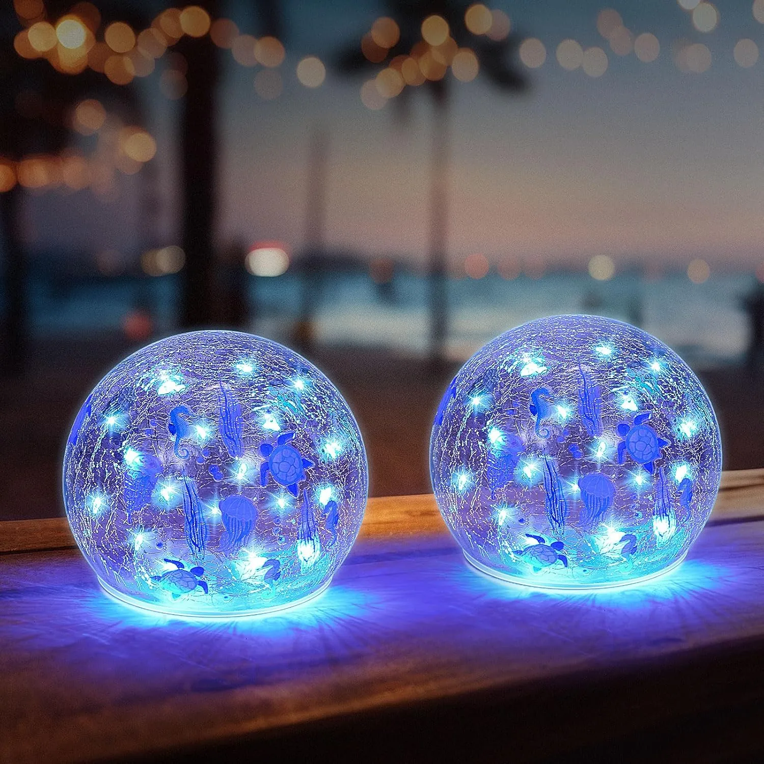 2 Pcs Ocean Lighted Decorative Glass Ball 3.9 Inch Waterproof Blue Ocean Themed Crackle LED Lights for Garden Glass Globe LED Lamp Battery Operated for Outdoor Indoor Party Decoration Gift