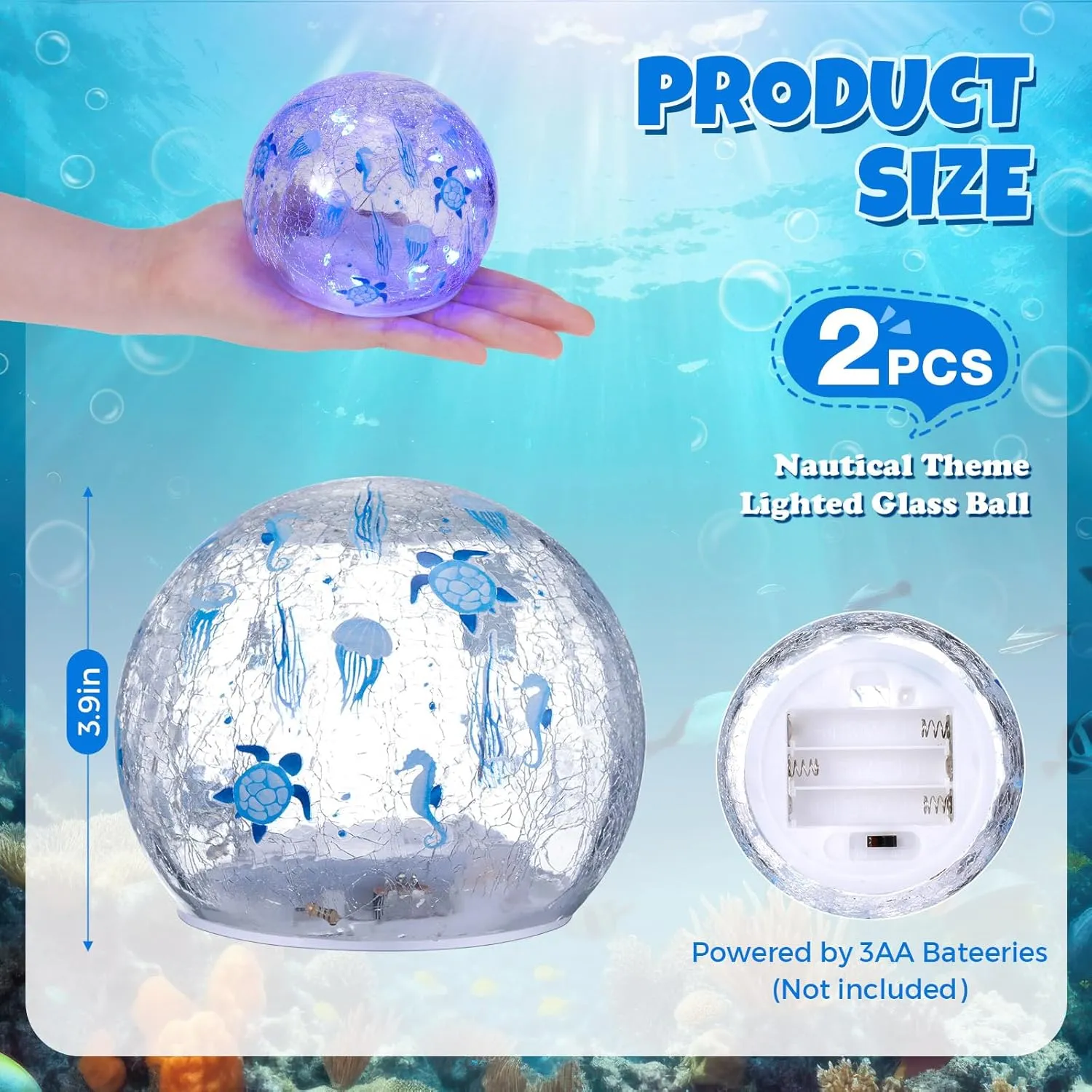 2 Pcs Ocean Lighted Decorative Glass Ball 3.9 Inch Waterproof Blue Ocean Themed Crackle LED Lights for Garden Glass Globe LED Lamp Battery Operated for Outdoor Indoor Party Decoration Gift
