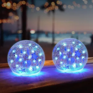 2 Pcs Ocean Lighted Decorative Glass Ball 3.9 Inch Waterproof Blue Ocean Themed Crackle LED Lights for Garden Glass Globe LED Lamp Battery Operated for Outdoor Indoor Party Decoration Gift