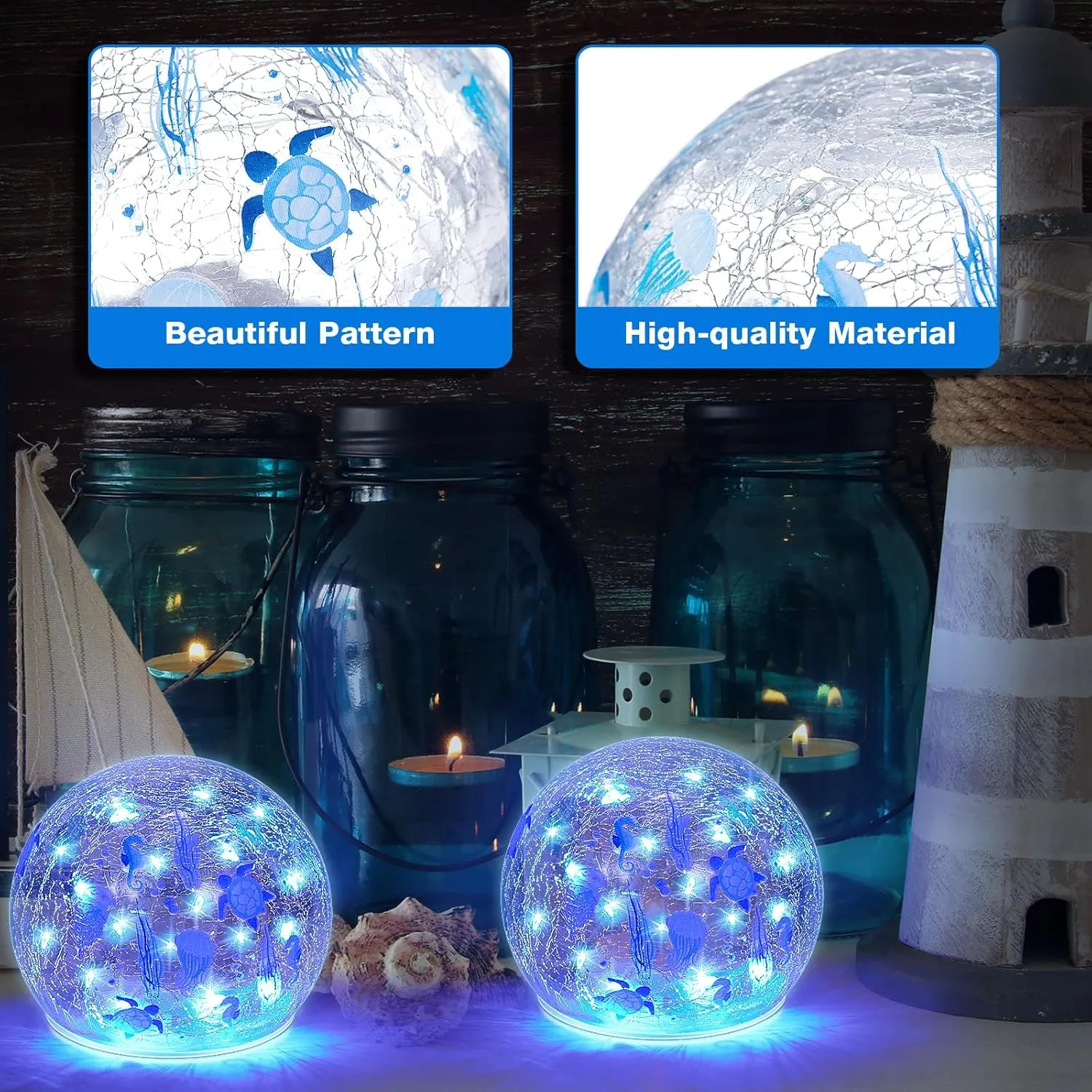 2 Pcs Ocean Lighted Decorative Glass Ball 3.9 Inch Waterproof Blue Ocean Themed Crackle LED Lights for Garden Glass Globe LED Lamp Battery Operated for Outdoor Indoor Party Decoration Gift