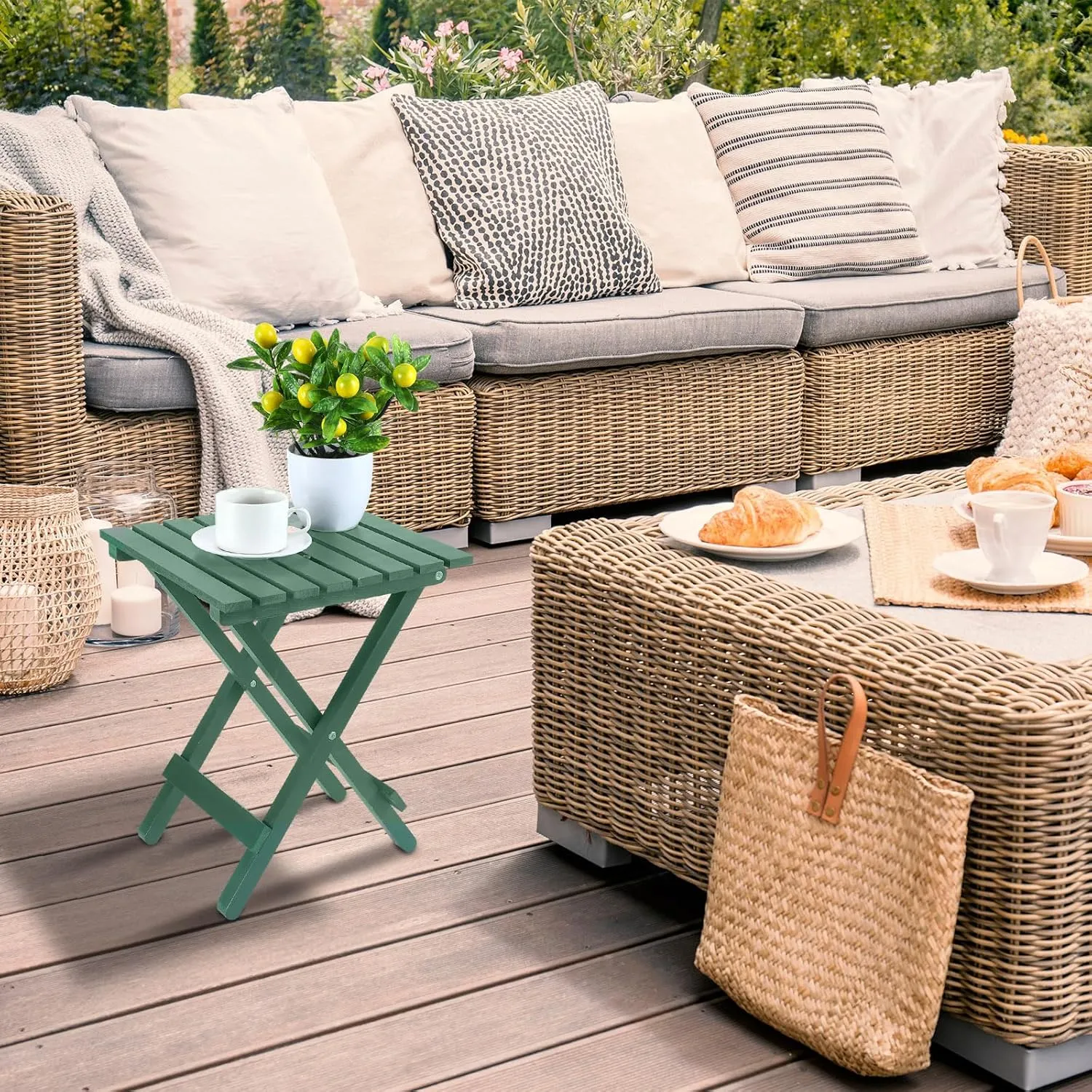 2 Pcs Small Folding Patio Side Table Outdoor Wood Wooden Small End Portable Plant Little Table for Garden Yard Porch Living Room Space Pool 11.4x11x14 inch (Blackish Green)