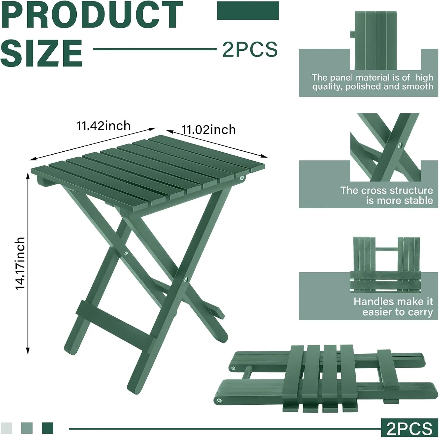2 Pcs Small Folding Patio Side Table Outdoor Wood Wooden Small End Portable Plant Little Table for Garden Yard Porch Living Room Space Pool 11.4x11x14 inch (Blackish Green)