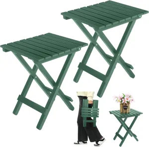 2 Pcs Small Folding Patio Side Table Outdoor Wood Wooden Small End Portable Plant Little Table for Garden Yard Porch Living Room Space Pool 11.4x11x14 inch (Blackish Green)
