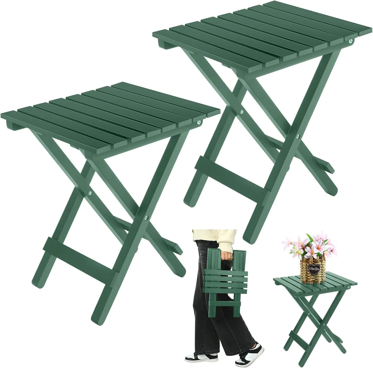 2 Pcs Small Folding Patio Side Table Outdoor Wood Wooden Small End Portable Plant Little Table for Garden Yard Porch Living Room Space Pool 11.4x11x14 inch (Blackish Green)