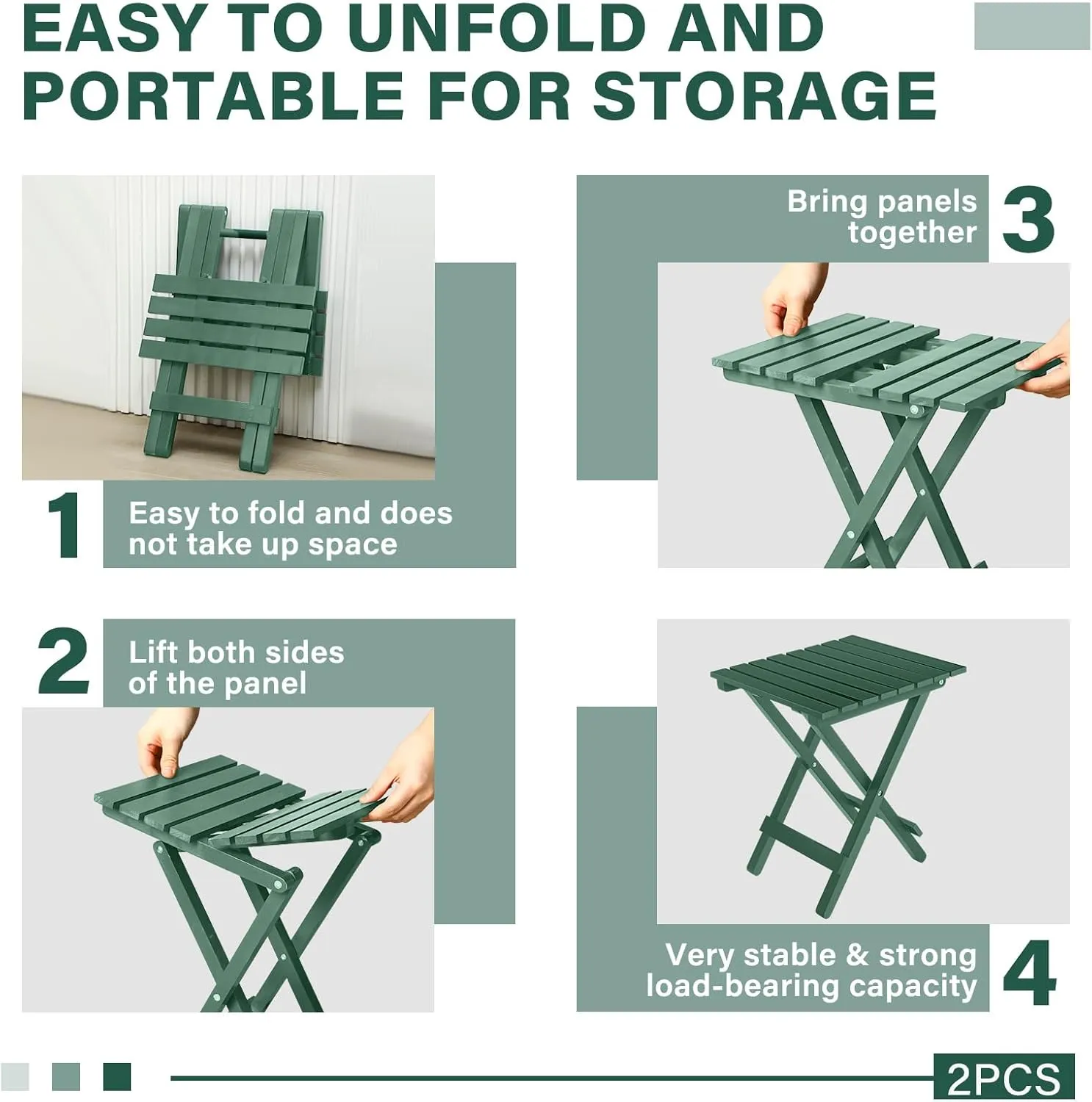 2 Pcs Small Folding Patio Side Table Outdoor Wood Wooden Small End Portable Plant Little Table for Garden Yard Porch Living Room Space Pool 11.4x11x14 inch (Blackish Green)