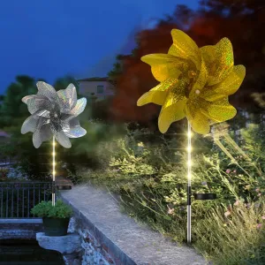 2 Pcs Solar Wind Spinner Light, Garden Pinwheel Stake Light, Waterproof Windmill Landscape Light for Outdoor Yard Pathway Lawn Patio Decor, Golden, 33.3 inch
