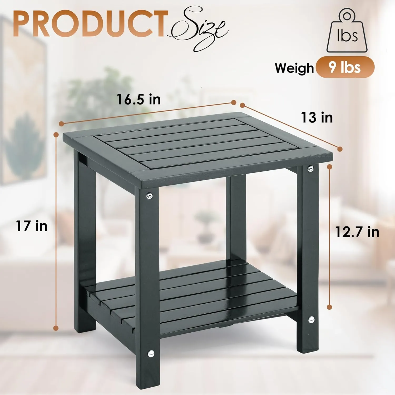 2-Tier Outdoor Side Table, Weather-Resistant End Table with Storage Shelf, Wooden Coffee Table for Indoor, Backyard, Garden, Bed, Living Room (Dark Grey)