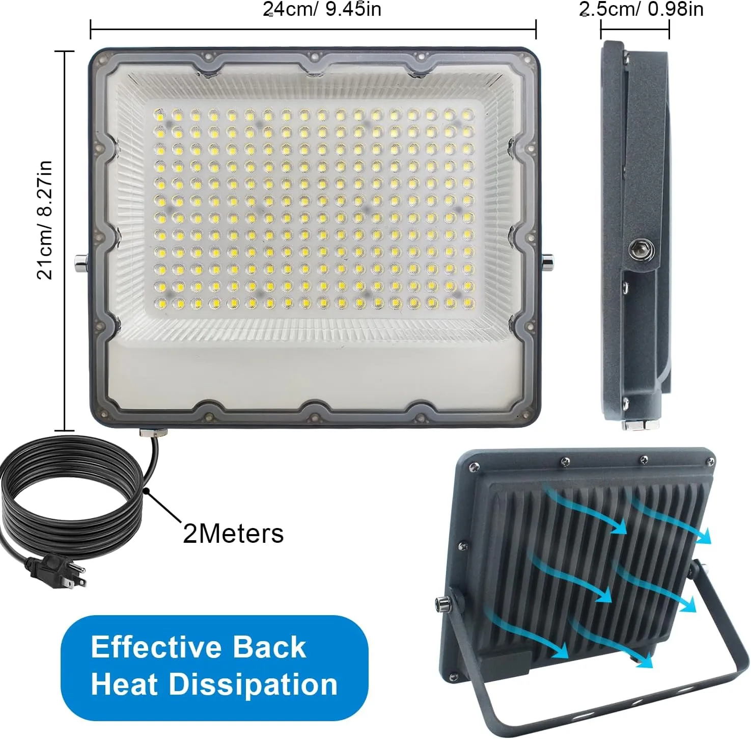 200W LED Flood Lights with Plug, Outdoor Security Lights Wall Fixtures 6500K 20000LM Illumination, IP66 Waterproof White Lighting Projects for Ball Ground, Parking Lot, Pathway, Yard (2 Pack)