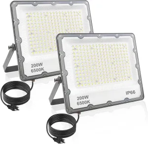 200W LED Flood Lights with Plug, Outdoor Security Lights Wall Fixtures 6500K 20000LM Illumination, IP66 Waterproof White Lighting Projects for Ball Ground, Parking Lot, Pathway, Yard (2 Pack)