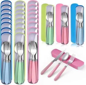 24 Sets Portable Travel Utensils Set with Case Reusable Stainless Steel Silverware Travel Cutlery Lunch Tableware Portable Spoon Knife Forks Dinnerware Cutlery for Adults Camping Office