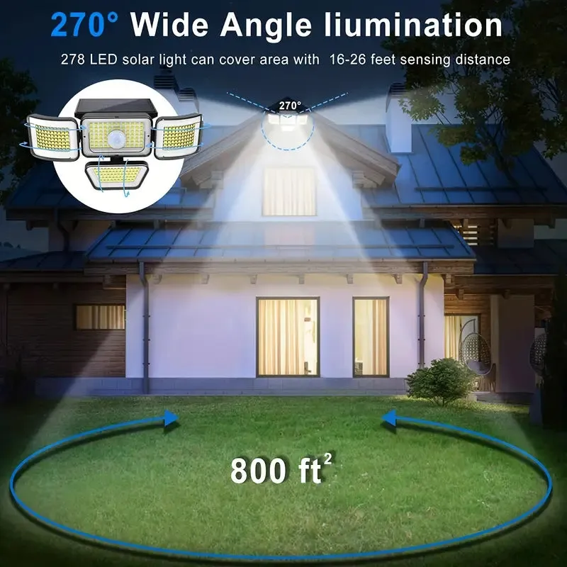 278LEDs 3000LM Motion Sensor 6500K Solar Powered, 4 Heads Security Flood, 300° Wide Angle Wall With 3 Modes