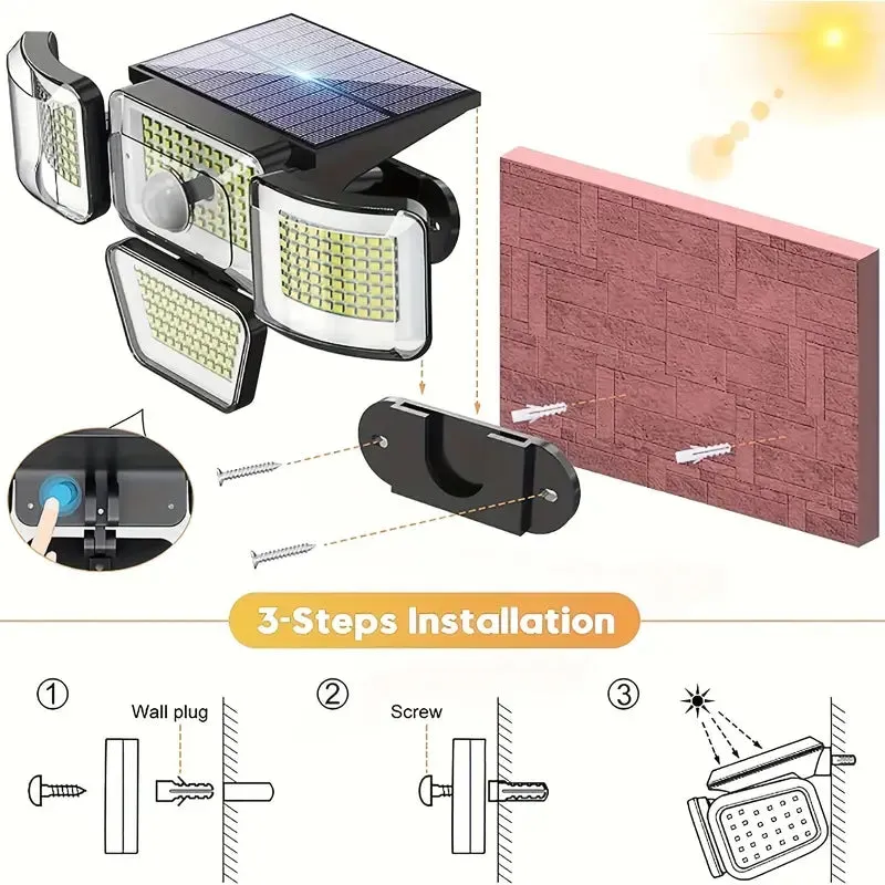 278LEDs 3000LM Motion Sensor 6500K Solar Powered, 4 Heads Security Flood, 300° Wide Angle Wall With 3 Modes
