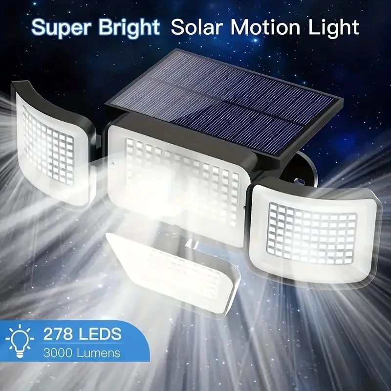 278LEDs 3000LM Motion Sensor 6500K Solar Powered, 4 Heads Security Flood, 300° Wide Angle Wall With 3 Modes