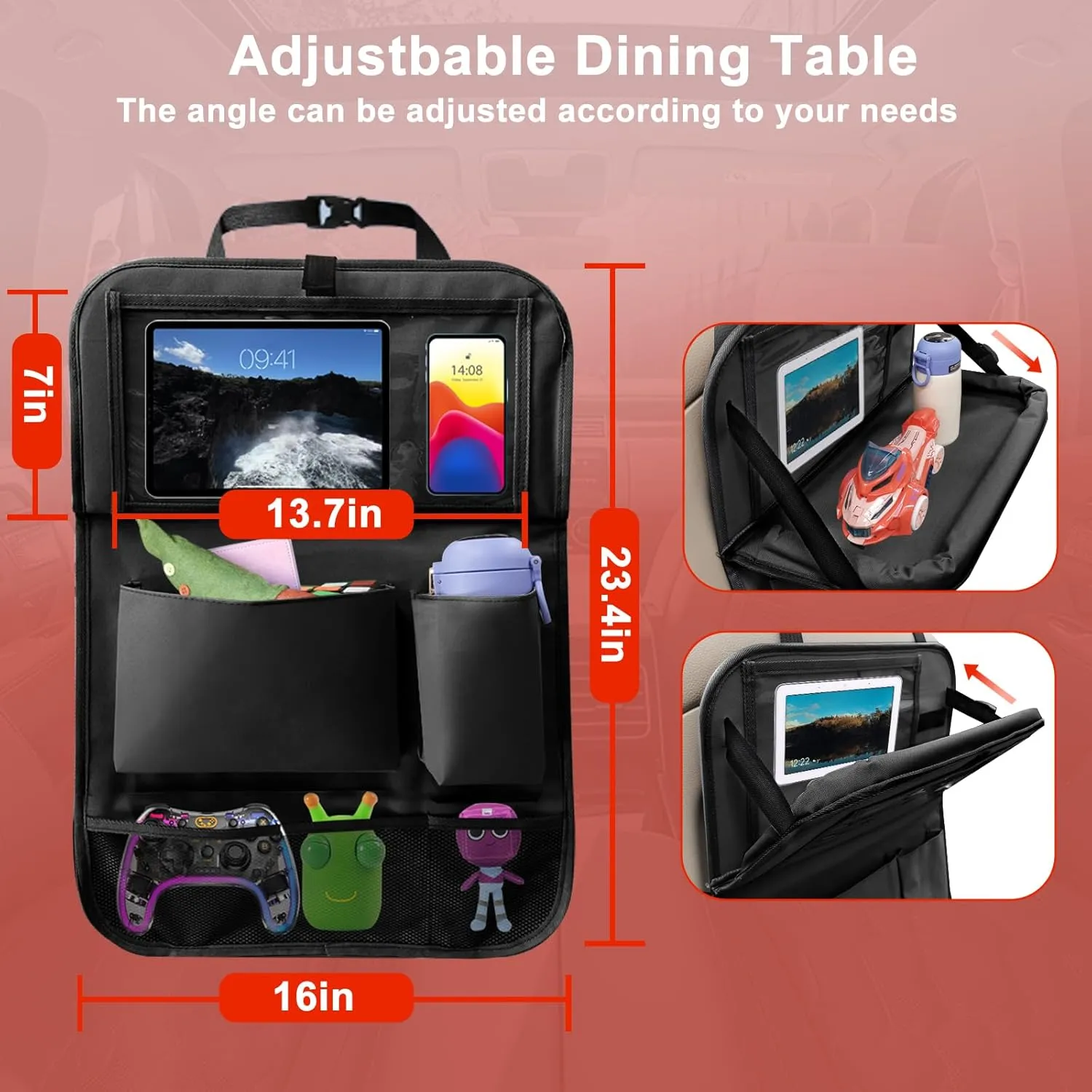 2Pack Car Backseat Organizer with Foldable Table Tray,6 Storage Pockets Car Storage Organizer with Tablet Holder,Car Seat Back Protectors Kick Mats Travel Accessories (Black)