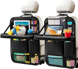 2Pack Car Backseat Organizer with Foldable Table Tray,6 Storage Pockets Car Storage Organizer with Tablet Holder,Car Seat Back Protectors Kick Mats Travel Accessories (Black)