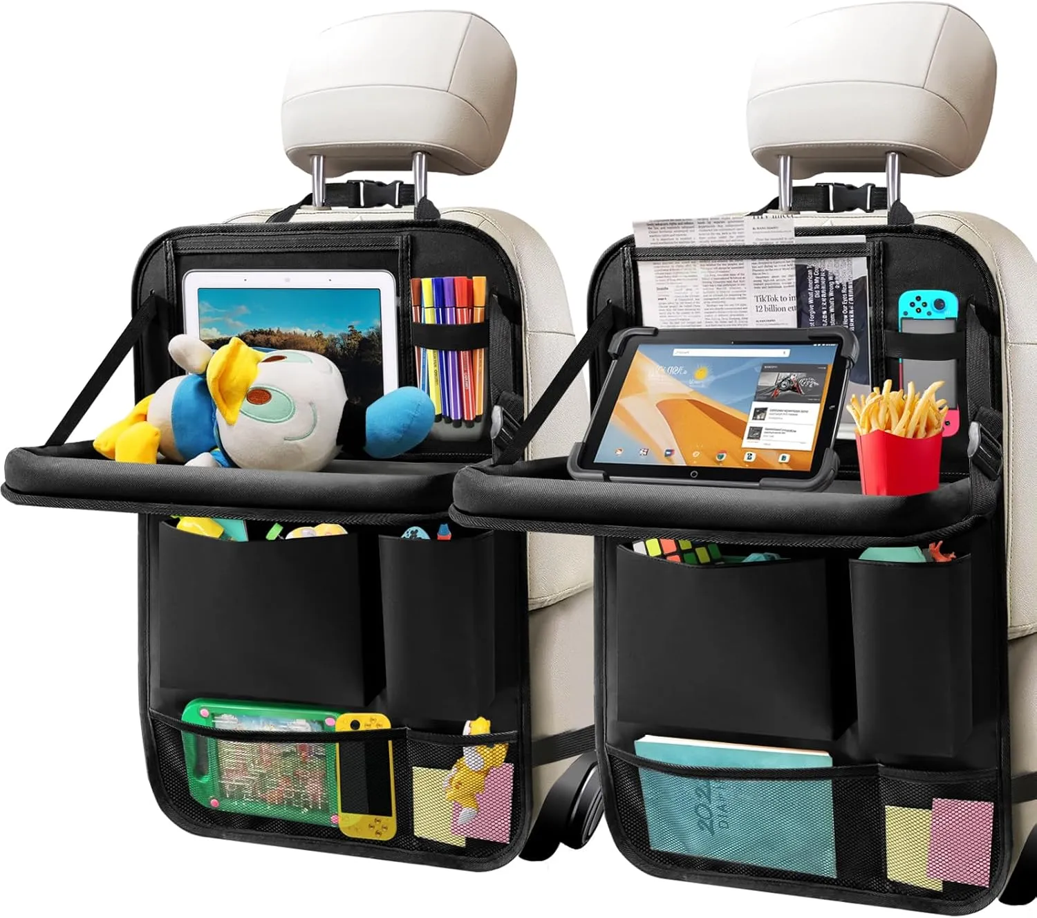 2Pack Car Backseat Organizer with Foldable Table Tray,6 Storage Pockets Car Storage Organizer with Tablet Holder,Car Seat Back Protectors Kick Mats Travel Accessories (Black)