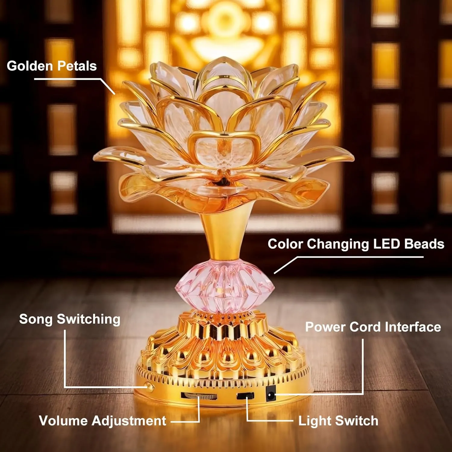 2Pack - Colorful LED Lotus Buddhist Lamp, Built 13 Buddhist Songs, Gradient Buddha Light for Worship, Prayer and Display, Low Power Consumption, Eco, Buddhist Supplies - Gold