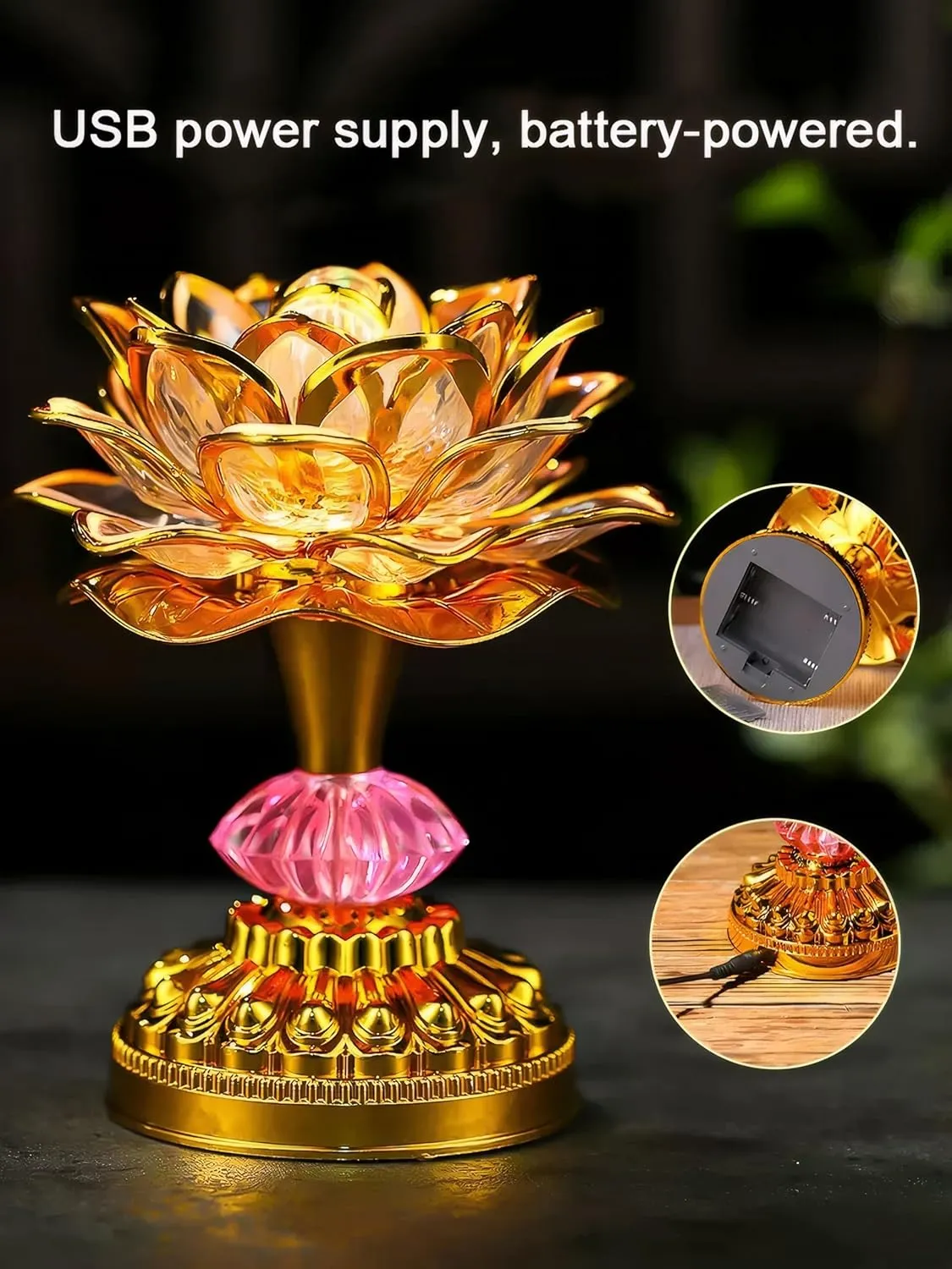 2Pack - Colorful LED Lotus Buddhist Lamp, Built 13 Buddhist Songs, Gradient Buddha Light for Worship, Prayer and Display, Low Power Consumption, Eco, Buddhist Supplies - Gold