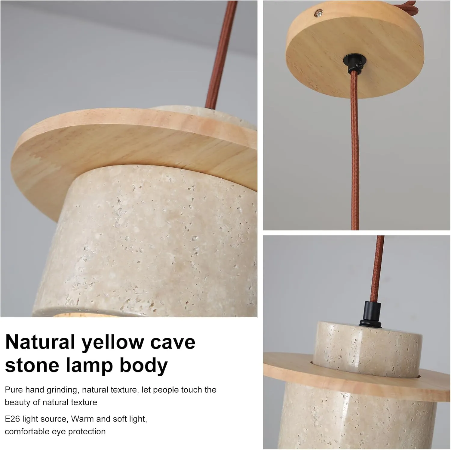 2PCS Japanese Wabi Sabi Natural Stone Pendant Light Nordic Yellow Travertine Pendant Lamp for Kitchen Island,Mid-Century Wood Chandelier for Dining,Bedside,Entryway,Cafe,Restaurant