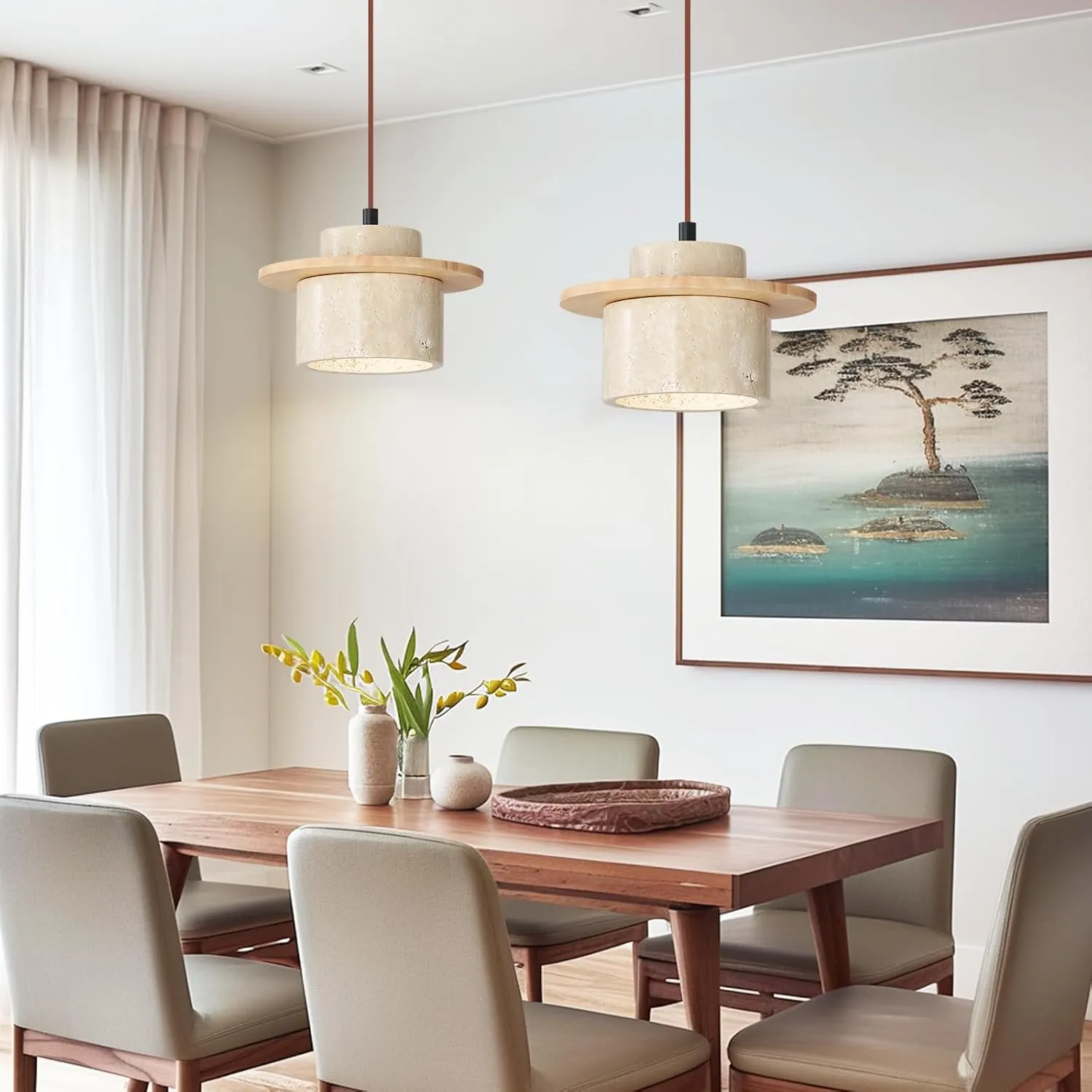 2PCS Japanese Wabi Sabi Natural Stone Pendant Light Nordic Yellow Travertine Pendant Lamp for Kitchen Island,Mid-Century Wood Chandelier for Dining,Bedside,Entryway,Cafe,Restaurant