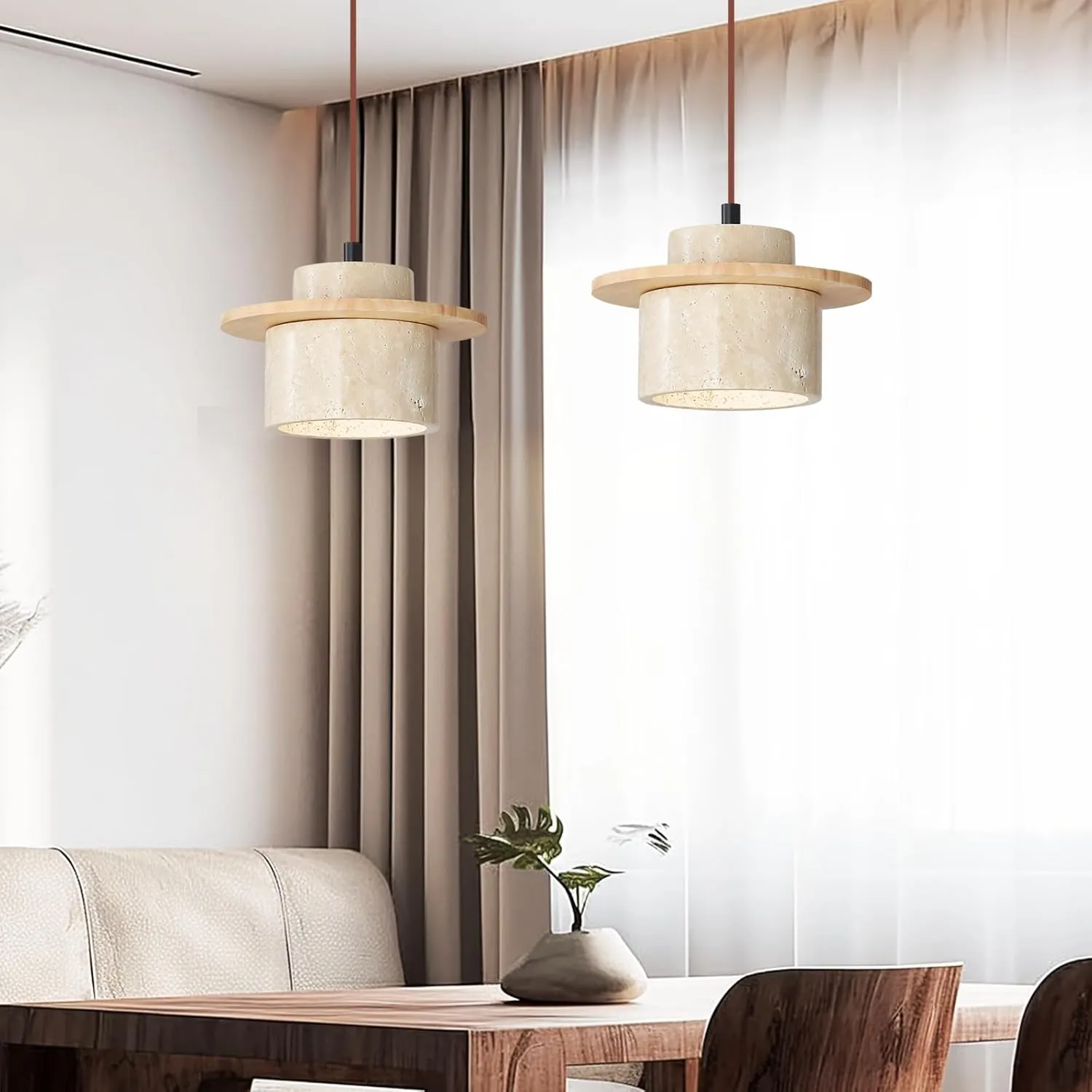 2PCS Japanese Wabi Sabi Natural Stone Pendant Light Nordic Yellow Travertine Pendant Lamp for Kitchen Island,Mid-Century Wood Chandelier for Dining,Bedside,Entryway,Cafe,Restaurant