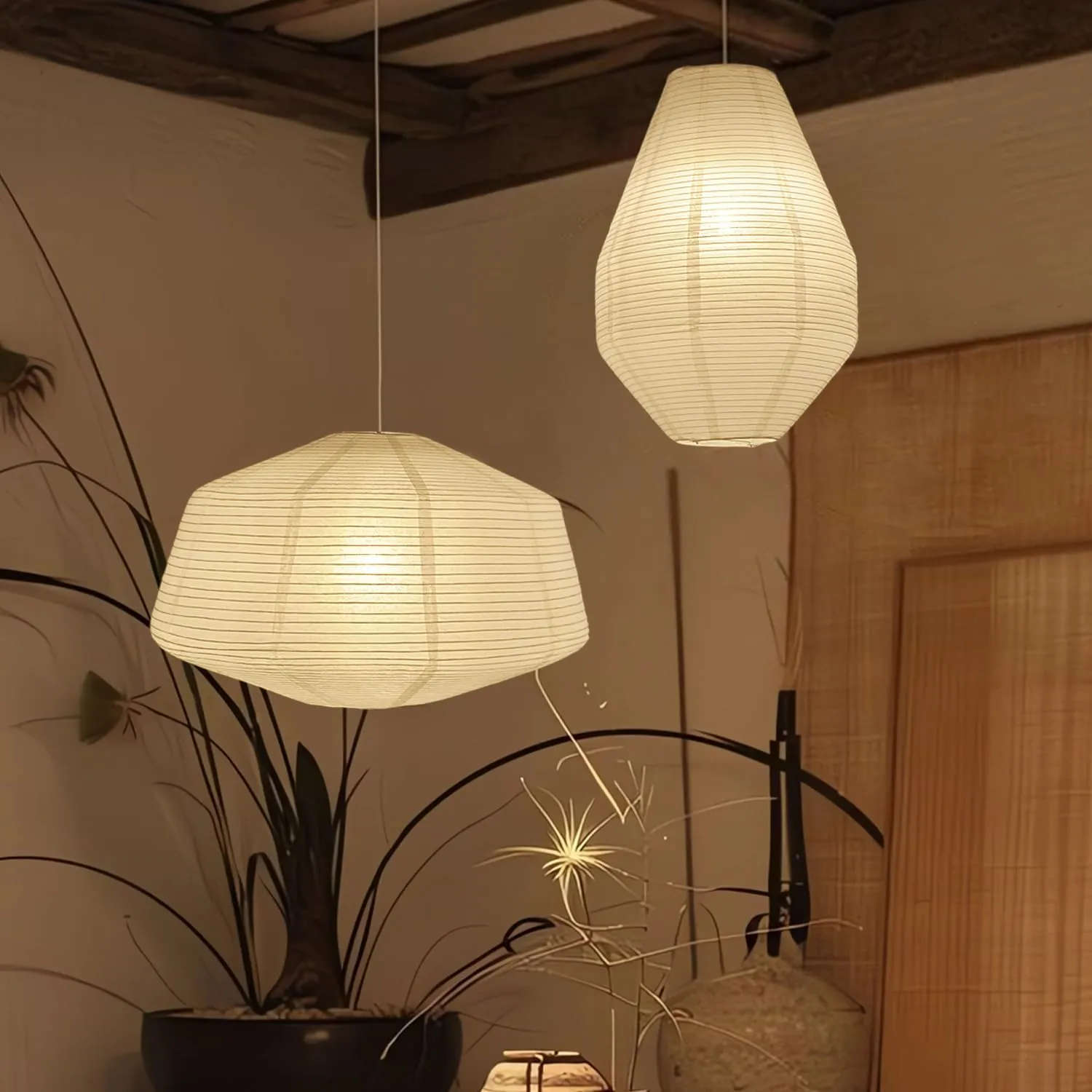 2PCS White Paper Lanterns – 19” & 14” Diamond Shape Hanging Pendant Lamp Shades, Large Handmade Rice Paper Light Shades for Living Room, Bedroom, Wedding, Gift Decor