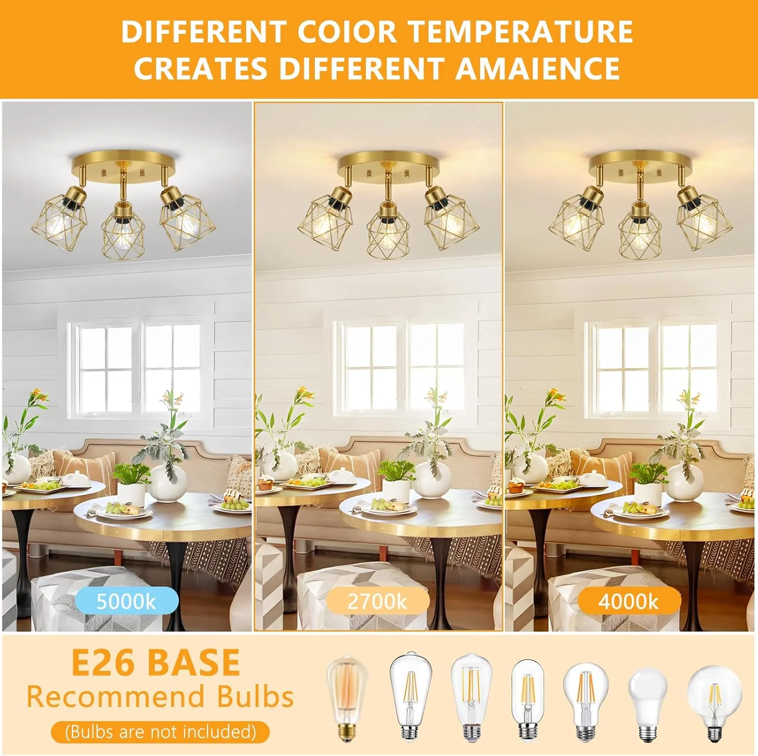 3-Light Brushed Gold Kitchen Light Fixtures, Modern Close to Ceiling Light with Metal Cage, Multi-Directional Gold Ceiling Lights for Farmhouse, Hallway, Dining Room, Entryway