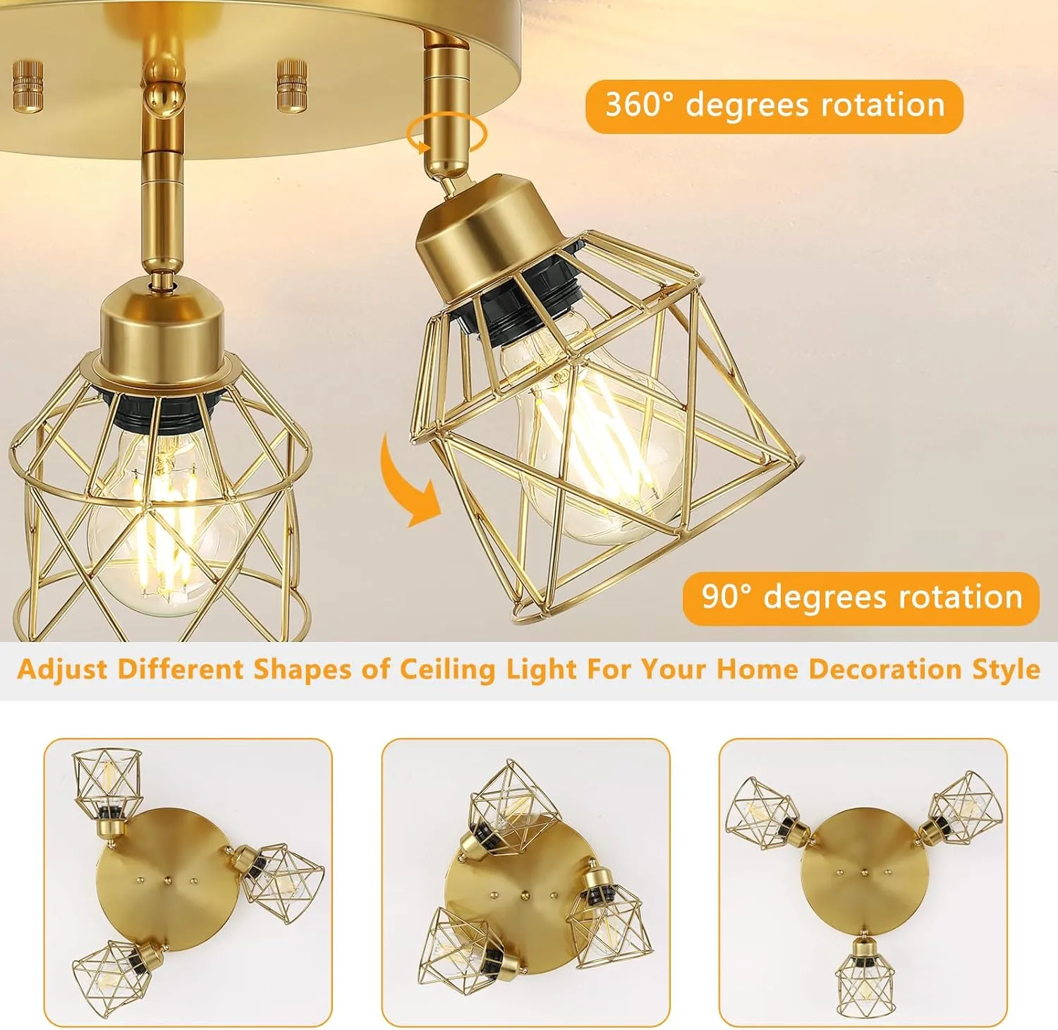 3-Light Brushed Gold Kitchen Light Fixtures, Modern Close to Ceiling Light with Metal Cage, Multi-Directional Gold Ceiling Lights for Farmhouse, Hallway, Dining Room, Entryway
