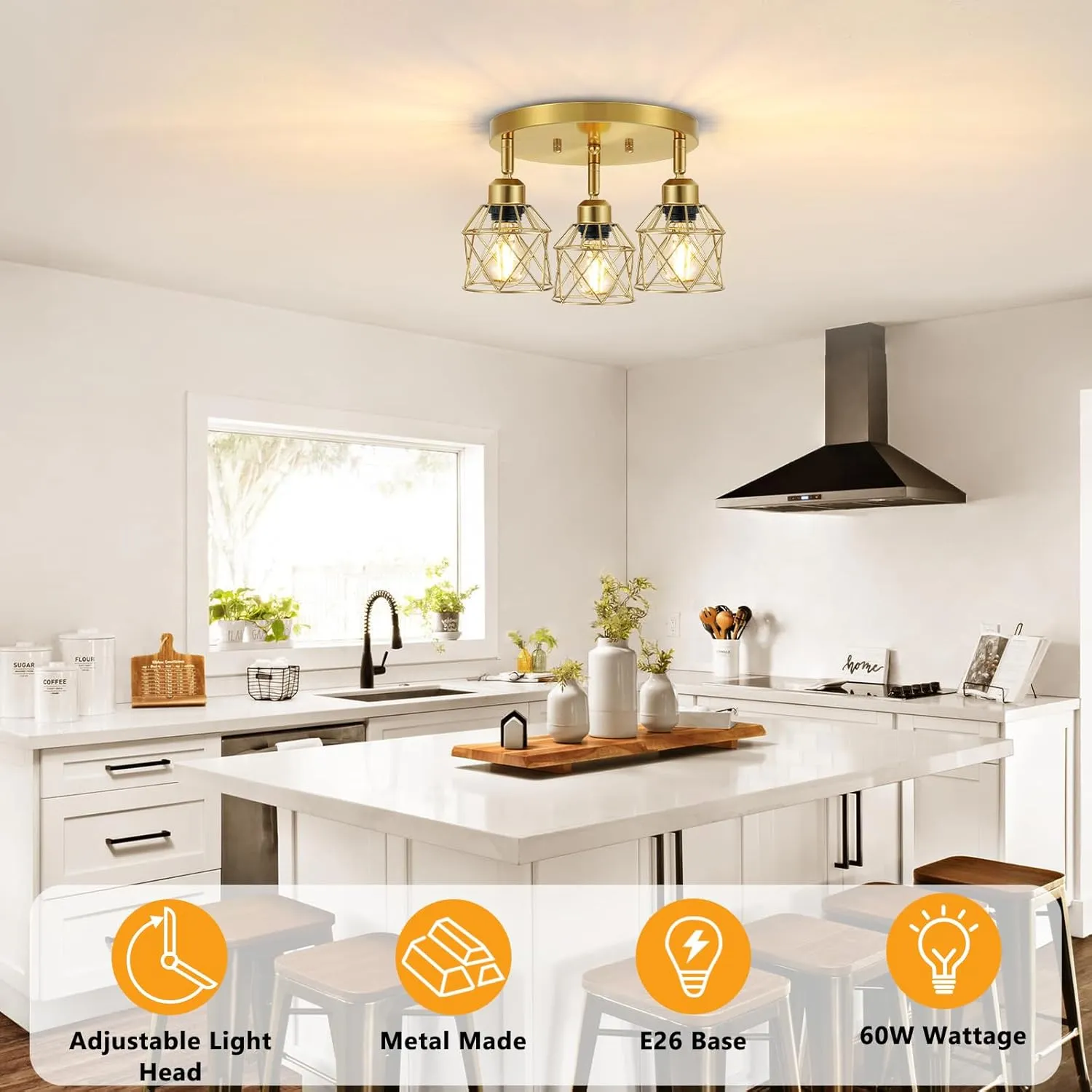 3-Light Brushed Gold Kitchen Light Fixtures, Modern Close to Ceiling Light with Metal Cage, Multi-Directional Gold Ceiling Lights for Farmhouse, Hallway, Dining Room, Entryway