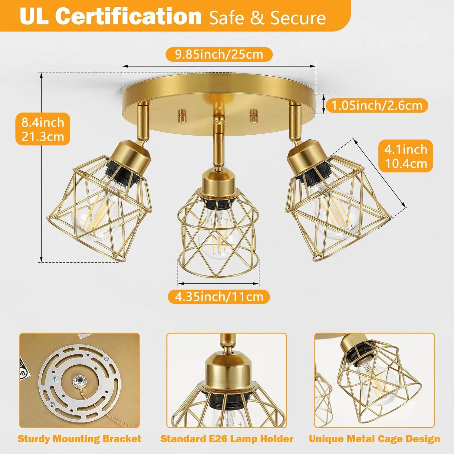 3-Light Brushed Gold Kitchen Light Fixtures, Modern Close to Ceiling Light with Metal Cage, Multi-Directional Gold Ceiling Lights for Farmhouse, Hallway, Dining Room, Entryway