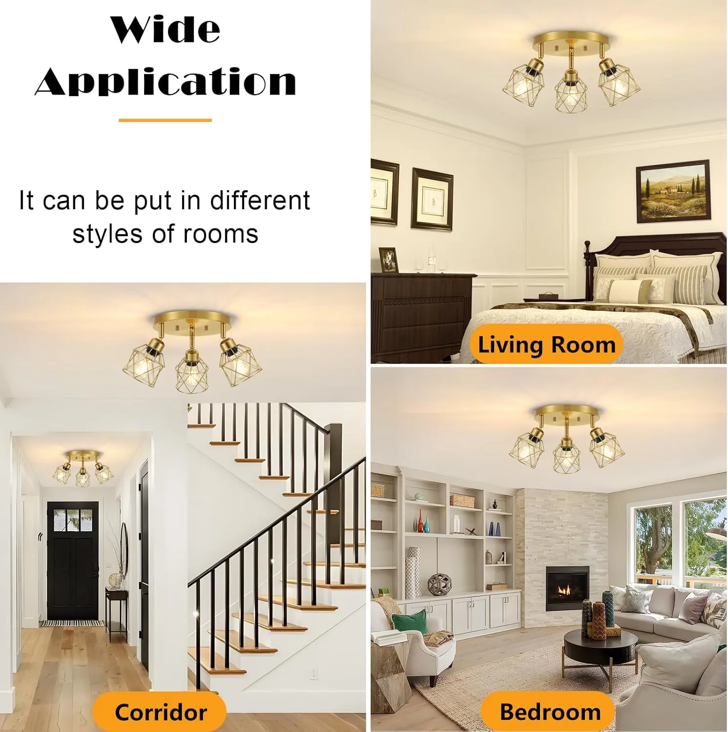 3-Light Brushed Gold Kitchen Light Fixtures, Modern Close to Ceiling Light with Metal Cage, Multi-Directional Gold Ceiling Lights for Farmhouse, Hallway, Dining Room, Entryway
