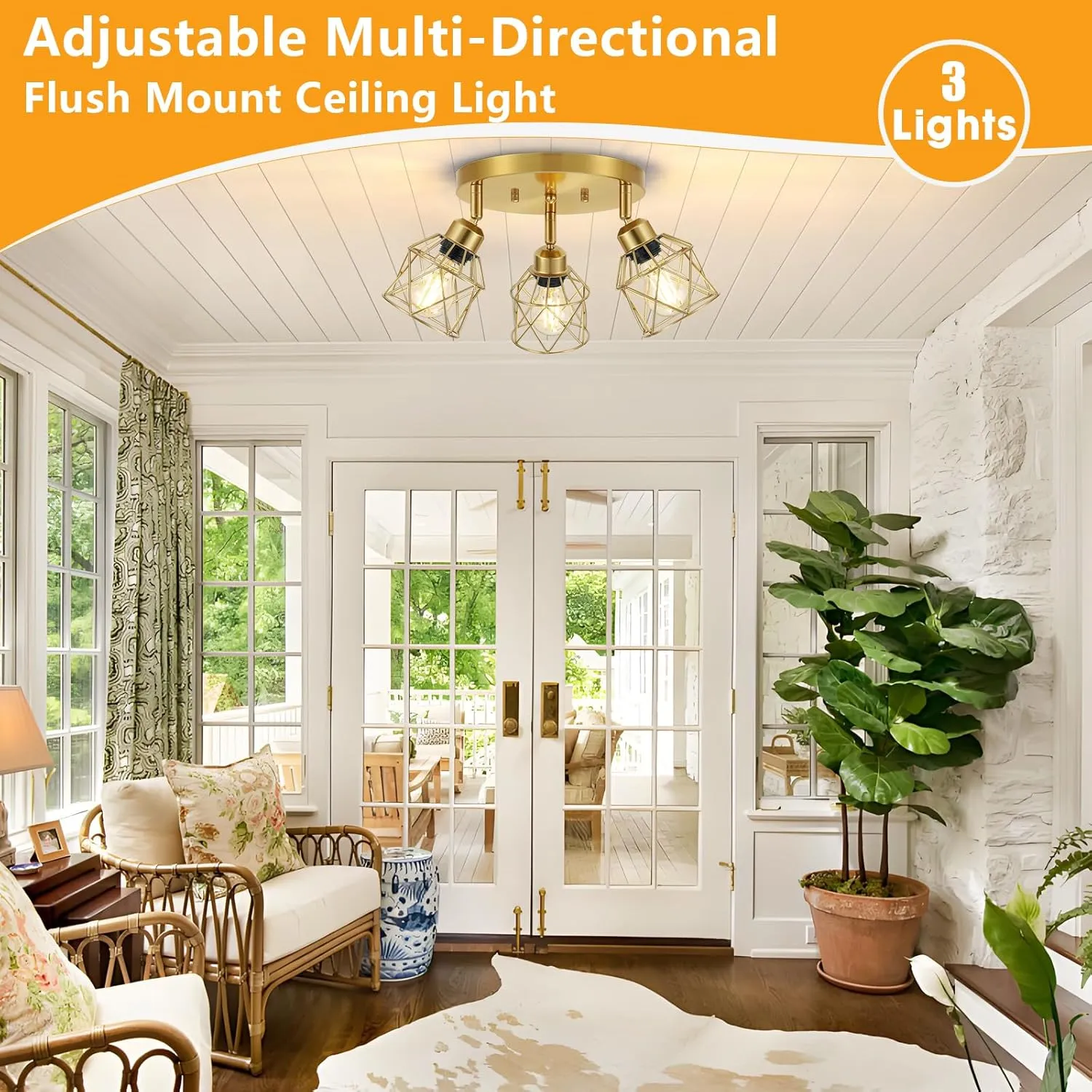 3-Light Brushed Gold Kitchen Light Fixtures, Modern Close to Ceiling Light with Metal Cage, Multi-Directional Gold Ceiling Lights for Farmhouse, Hallway, Dining Room, Entryway