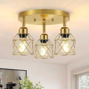 3-Light Brushed Gold Kitchen Light Fixtures, Modern Close to Ceiling Light with Metal Cage, Multi-Directional Gold Ceiling Lights for Farmhouse, Hallway, Dining Room, Entryway