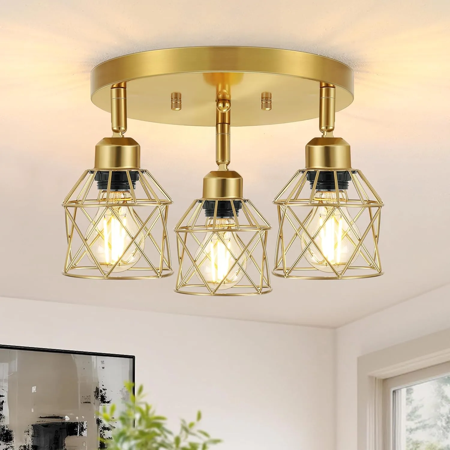 3-Light Brushed Gold Kitchen Light Fixtures, Modern Close to Ceiling Light with Metal Cage, Multi-Directional Gold Ceiling Lights for Farmhouse, Hallway, Dining Room, Entryway