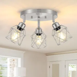 3-Light Brushed Nickel Semi Flush Mount Ceiling Light, Adjustable Kitchen Light Fixtures Ceiling Mount E26 Base Multi-Directional Silver Ceiling Spot Lights for Hallway Farmhouse Foyer