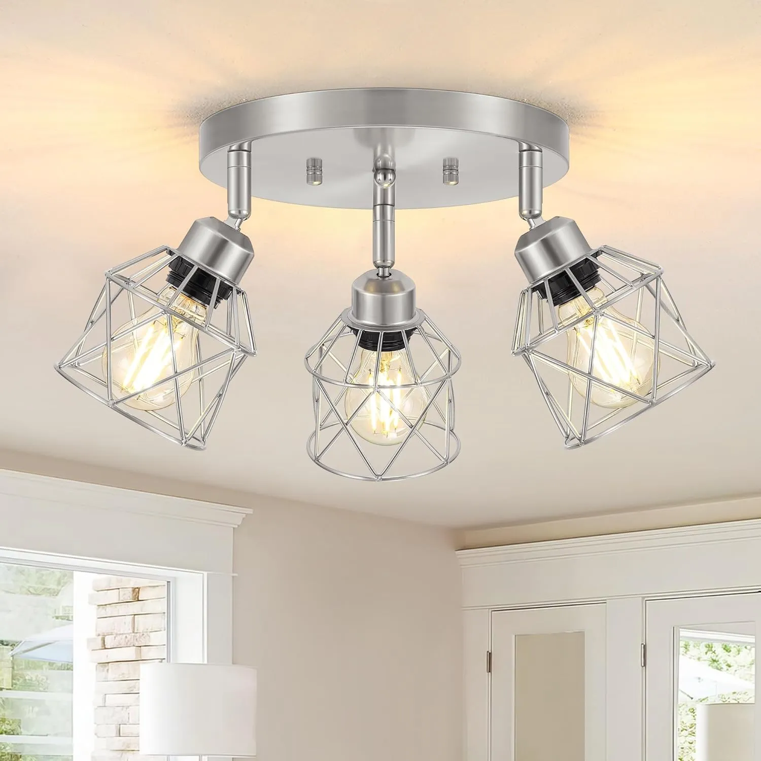 3-Light Brushed Nickel Semi Flush Mount Ceiling Light, Adjustable Kitchen Light Fixtures Ceiling Mount E26 Base Multi-Directional Silver Ceiling Spot Lights for Hallway Farmhouse Foyer