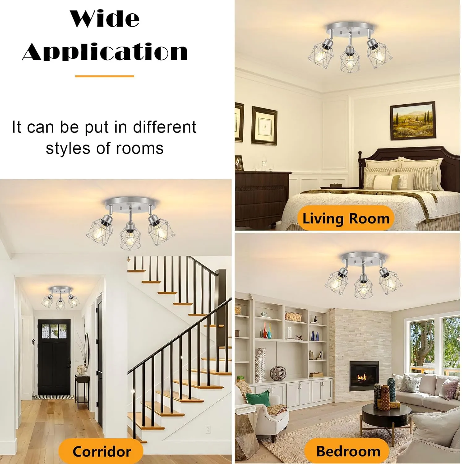 3-Light Brushed Nickel Semi Flush Mount Ceiling Light, Adjustable Kitchen Light Fixtures Ceiling Mount E26 Base Multi-Directional Silver Ceiling Spot Lights for Hallway Farmhouse Foyer