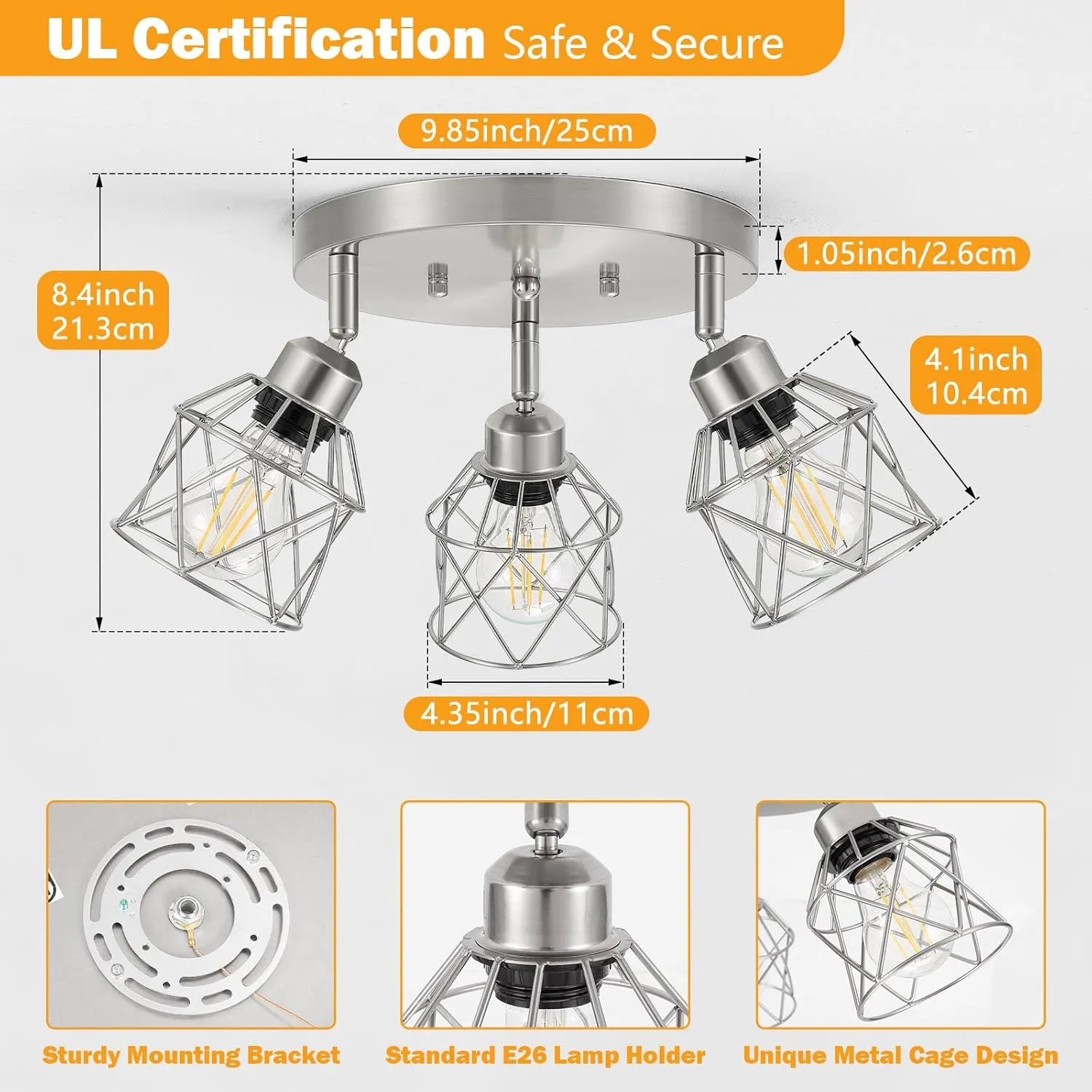 3-Light Brushed Nickel Semi Flush Mount Ceiling Light, Adjustable Kitchen Light Fixtures Ceiling Mount E26 Base Multi-Directional Silver Ceiling Spot Lights for Hallway Farmhouse Foyer