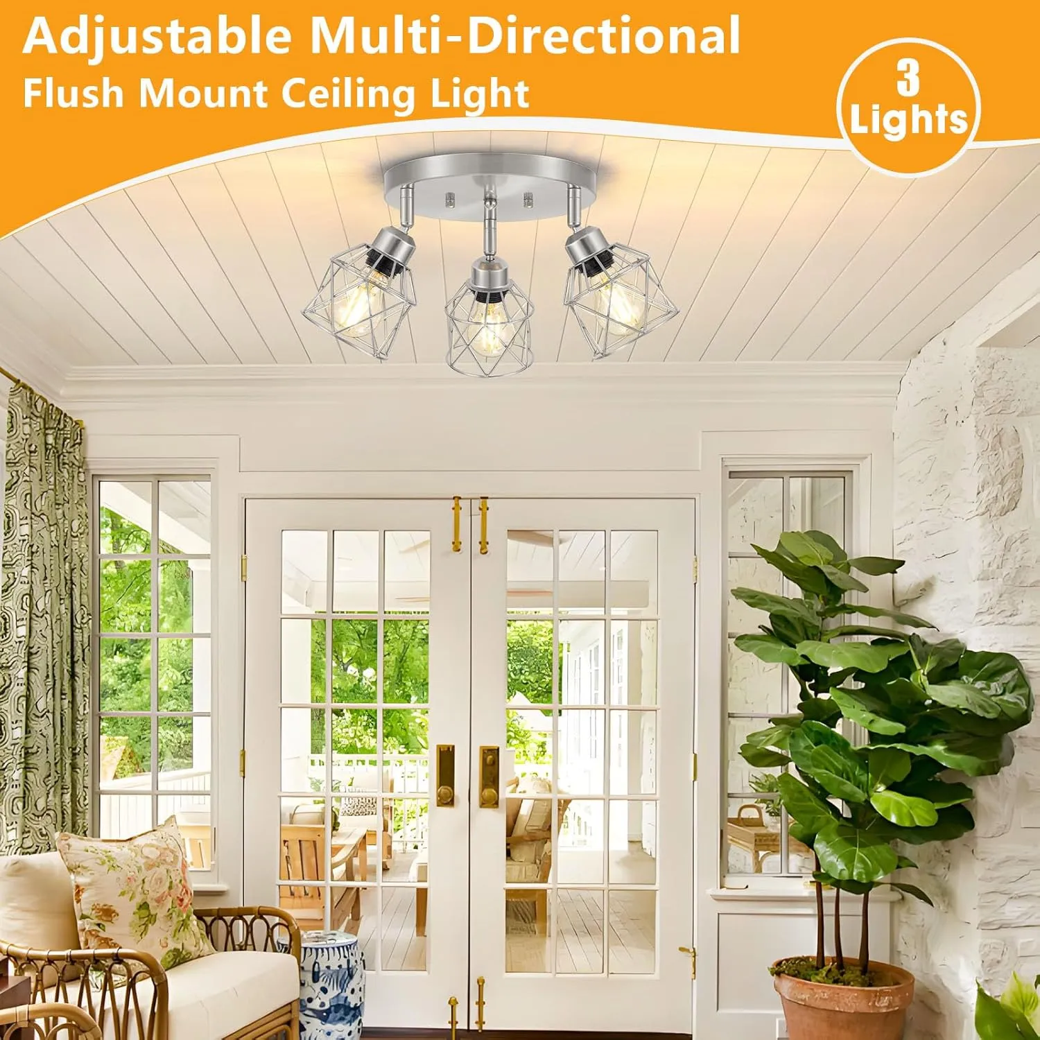 3-Light Brushed Nickel Semi Flush Mount Ceiling Light, Adjustable Kitchen Light Fixtures Ceiling Mount E26 Base Multi-Directional Silver Ceiling Spot Lights for Hallway Farmhouse Foyer