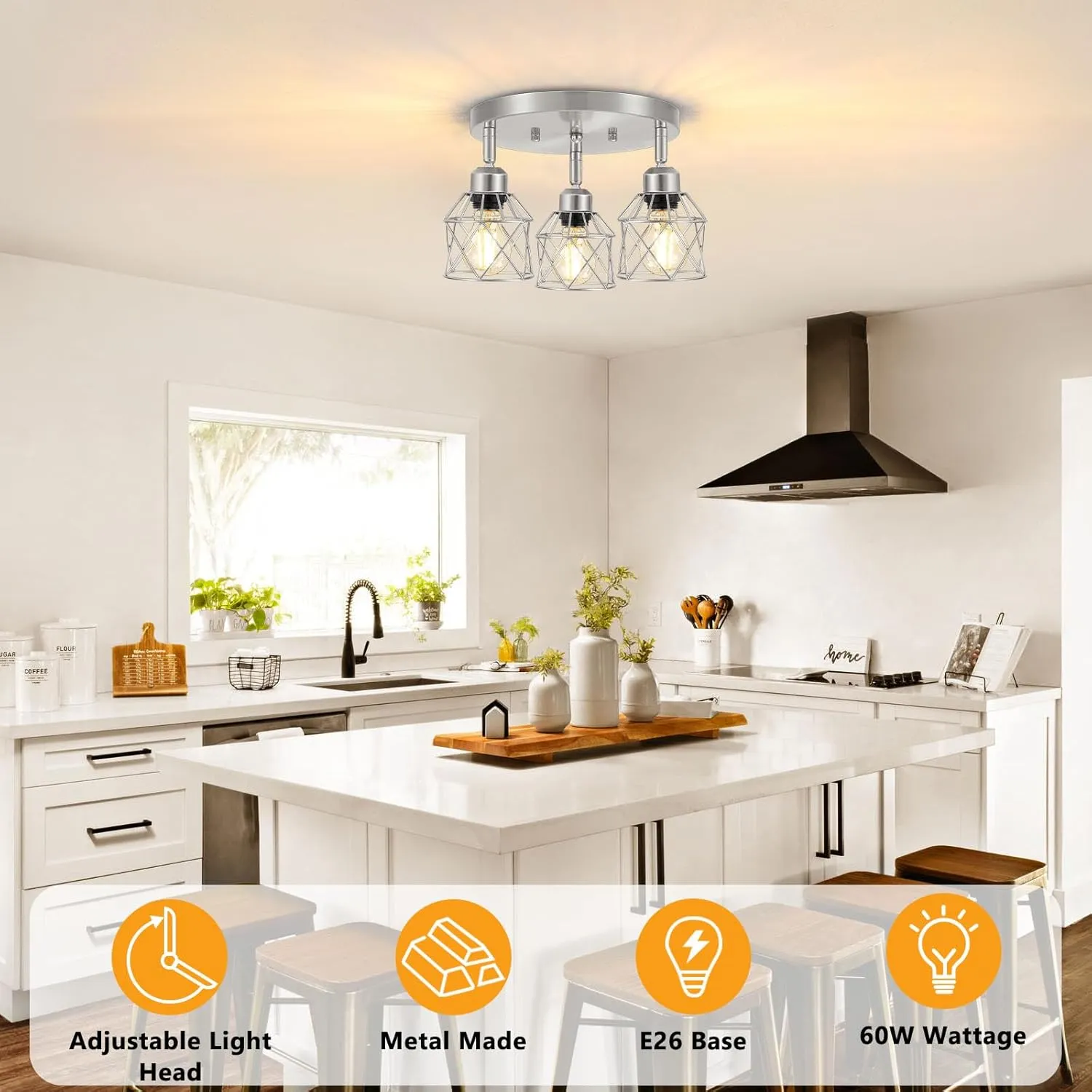 3-Light Brushed Nickel Semi Flush Mount Ceiling Light, Adjustable Kitchen Light Fixtures Ceiling Mount E26 Base Multi-Directional Silver Ceiling Spot Lights for Hallway Farmhouse Foyer