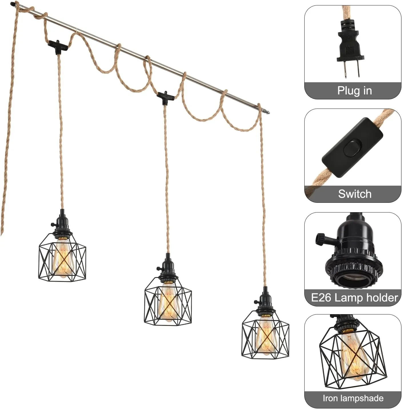 3 Light Hemp Rope Plug in Pendant Light Rattan Hanging Lights with Plug in Cord with Woven Hemp Rope Lamp Shade, Hanging Lights with Plug in Cord Hemp Rope Hanging Lamp