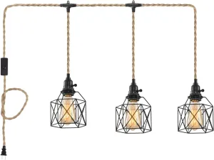 3 Light Hemp Rope Plug in Pendant Light Rattan Hanging Lights with Plug in Cord with Woven Hemp Rope Lamp Shade, Hanging Lights with Plug in Cord Hemp Rope Hanging Lamp