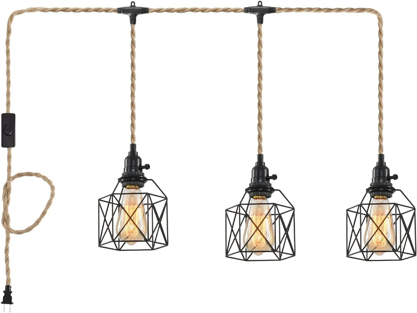 3 Light Hemp Rope Plug in Pendant Light Rattan Hanging Lights with Plug in Cord with Woven Hemp Rope Lamp Shade, Hanging Lights with Plug in Cord Hemp Rope Hanging Lamp